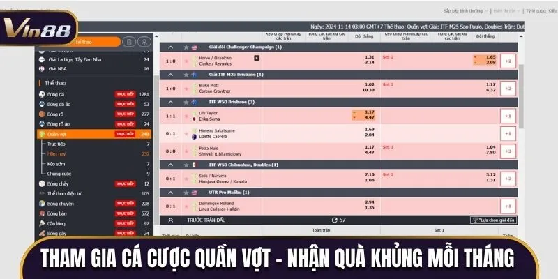 Tham gia cá cược quần vợt - Nhận quà cực khủng mỗi tháng